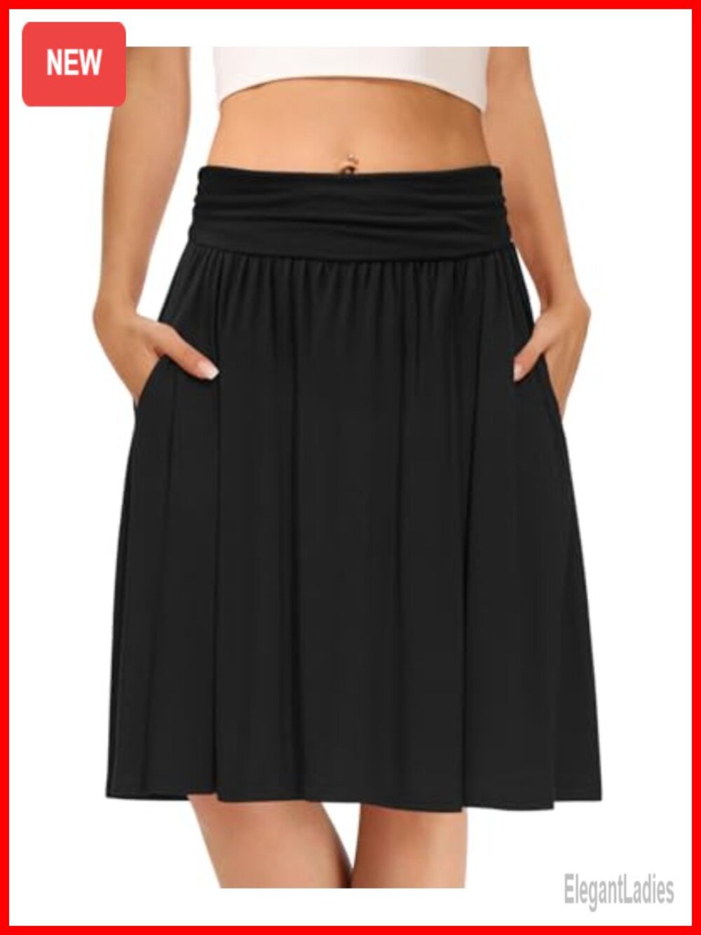 Women's Midi Skirt Knee Length Pleated High Waist A-Line Flowy with Pockets